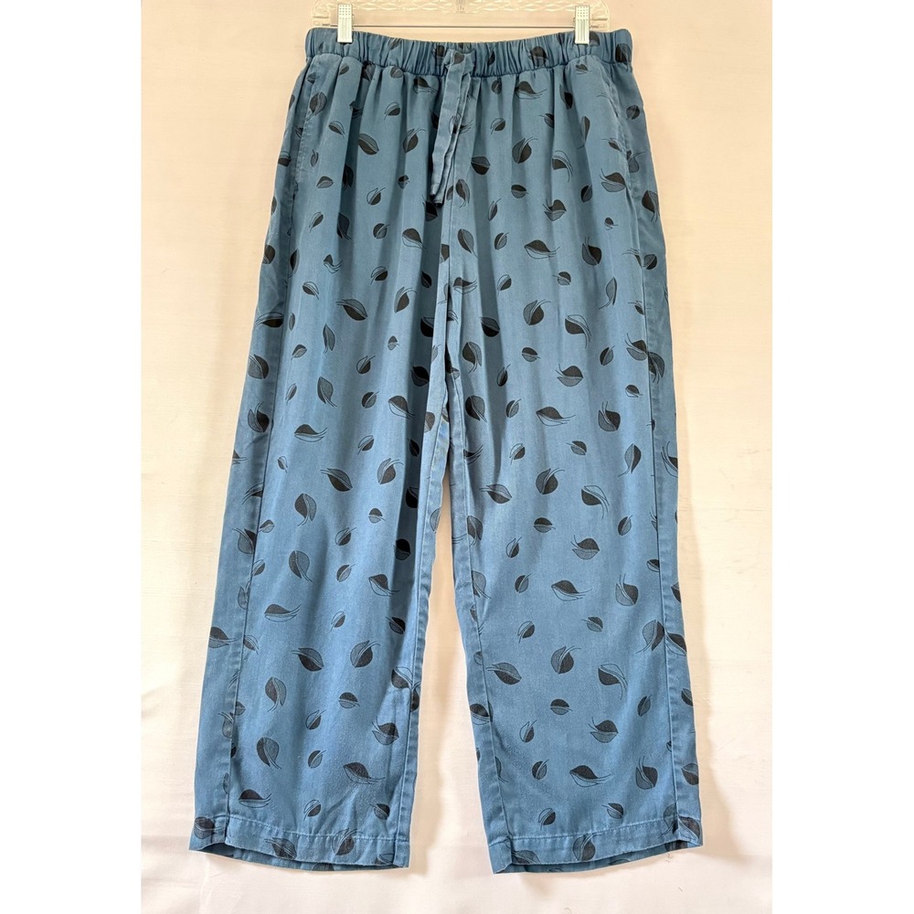 Blue Leaf Print Wide Leg Drawstring Pants Elastic‎ Waist Cotton Twill Casual